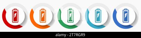 Set di icone vettoriali per batterie, design piatto icone tonde colorate in 5 colori per Web design e applicazioni mobili Illustrazione Vettoriale