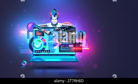 L'INTELLIGENZA ARTIFICIALE aiuta il programmatore a creare software. Testo del programma di codifica di rete neurale. L'intelligenza artificiale nell'immagine robot cyborg aiuta il programmatore a creare Illustrazione Vettoriale