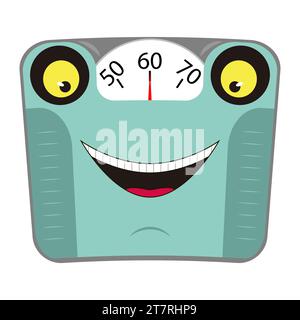 Divertente bilancia meccanica con viso e sorriso. Concetto di stile di vita sano. Personaggio dei cartoni animati. Illustrazione vettoriale. Illustrazione Vettoriale