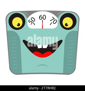 Bilancia meccanica del peso con viso e sorriso. Concetto di stile di vita sano. Personaggio dei cartoni animati. Illustrazione vettoriale. Illustrazione Vettoriale