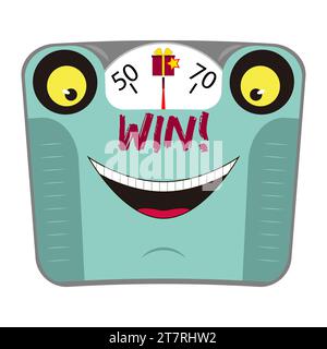 Divertente bilancia meccanica con viso e sorriso. Vincere il peso in eccesso. Concetto di stile di vita sano. Personaggio dei cartoni animati. Illustrazione vettoriale. Illustrazione Vettoriale