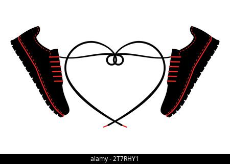 Un paio di sneaker e lacci a forma di cuore. Un paio di scarpe da ginnastica con lacci lunghi. Illustrazione vettoriale isolata su sfondo bianco. Piatto. Illustrazione Vettoriale