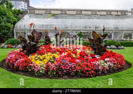Belfast, County Down, Irlanda del Nord 24 agosto 2023 - colorato letto di fiori di fronte alla Palm House nei Giardini Botanici di Belfast Foto Stock