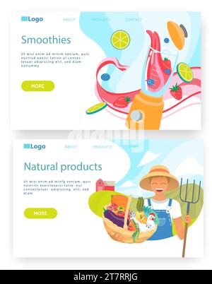 Cibo biologico e bevande, cestino contadino con verdure, frullato nel frullatore. Modello di progettazione di siti Web vettoriali. Illust concetto sito Web landing page Illustrazione Vettoriale