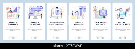 Icone isometriche aziendali, analisi dei progetti, grafico finanziario, scadenza, conference call. Schermate di onboarding delle app mobili. Menu modello banner vettoriale Illustrazione Vettoriale