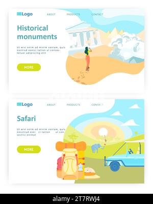 Concetto di viaggio avventuroso. Antica pietra miliare in rovina. Safari in africa. Modello di progettazione di siti Web vettoriali. Illustrazione del concetto del sito Web della landing page. Illustrazione Vettoriale