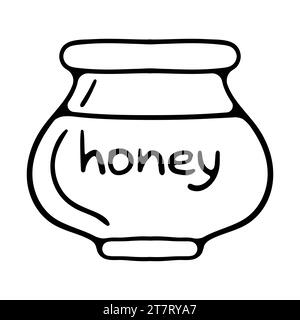 Vasi di miele per cartoni animati. Vasetti in vetro e cucchiaio in legno con set di illustrazioni vettoriali isolate per gocciolamento di miele liquido. Vasetti di miele trasparenti Illustrazione Vettoriale