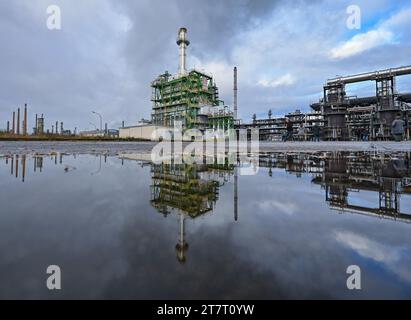 15 novembre 2023, Brandeburgo, Schwedt/Oder: Vari impianti di trasformazione del petrolio greggio nei locali della PCK-raffinerie GmbH. La raffineria di Schwedt, nella regione di Uckermark nel nord-est del Brandeburgo, fornisce carburante a gran parte della Germania nord-orientale. È di proprietà maggioritaria di due controllate della società statale russa Rosneft. Fino alla fine del 2022, PCK ha lavorato principalmente petrolio greggio proveniente dalla Russia. Come parte delle sanzioni imposte a causa della guerra di aggressione della Russia contro l'Ucraina, il governo tedesco ha deciso di smettere di usare il petrolio russo. In alternativa, il petrolio arriva attraverso Danzica e Rost Foto Stock