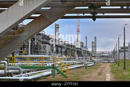 15 novembre 2023, Brandeburgo, Schwedt/Oder: Vari impianti di trasformazione del petrolio greggio nei locali della PCK-raffinerie GmbH. La raffineria di Schwedt, nella regione di Uckermark nel nord-est del Brandeburgo, fornisce carburante a gran parte della Germania nord-orientale. È di proprietà maggioritaria di due controllate della società statale russa Rosneft. Fino alla fine del 2022, PCK ha lavorato principalmente petrolio greggio proveniente dalla Russia. Come parte delle sanzioni imposte a causa della guerra di aggressione della Russia contro l'Ucraina, il governo tedesco ha deciso di smettere di usare il petrolio russo. In alternativa, il petrolio arriva attraverso Danzica e Rost Foto Stock