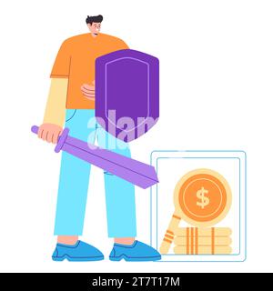Protezione di sicurezza con scudo e moneta a spada sicurezza stile casual illustrazione piatta colorata Illustrazione Vettoriale