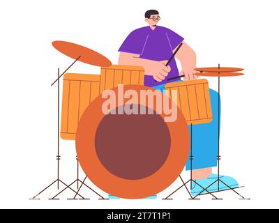 Uomo che suona la batteria, lo strumento, il batterista, il piatto, il piatto, l'illustrazione colorata, la giovane esibizione Illustrazione Vettoriale