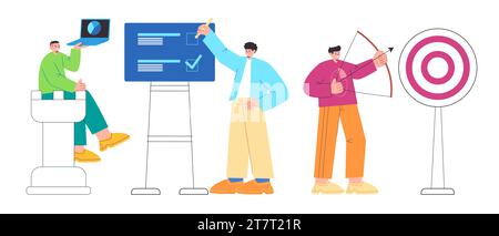 Cooperativa aziendale posa presentazione collezione tiro con l'arco strategia bersaglio scacchi stile casual illustrazione piatta colorata Illustrazione Vettoriale