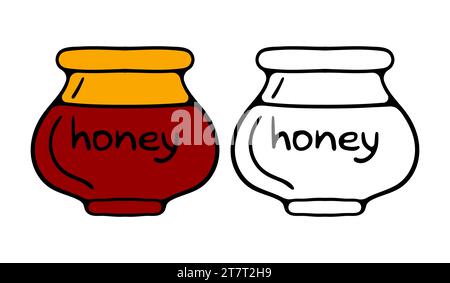 Vasi di miele per cartoni animati. Vasetti in vetro e cucchiaio in legno con set di illustrazioni vettoriali isolate per gocciolamento di miele liquido. Vasetti di miele trasparenti Illustrazione Vettoriale