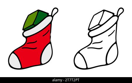 Calze natalizie con regali appesi alla corda su sfondo leggero. Collezione invernale di calze con dolci, elemento natalizio. Capodanno, Natale, ho Illustrazione Vettoriale