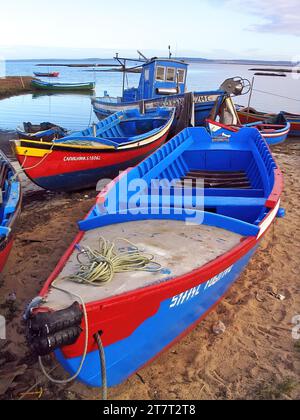 Carrasqueira, Portogallo. 29 marzo 2023: I tradizionali piccoli pescherecci in legno dei pescatori dei moli di Stilt o Cais Palafitico sul Sado Ri Foto Stock