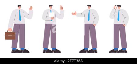 Uomo d'affari che tiene la valigetta fai una telefonata posa set collezione camicia bianca cravatta blu vinci gesti di successo felice illustrazione Illustrazione Vettoriale