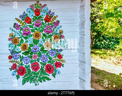 Frammento di pittura floreale su un edificio residenziale e su edifici annessi. Foto Stock