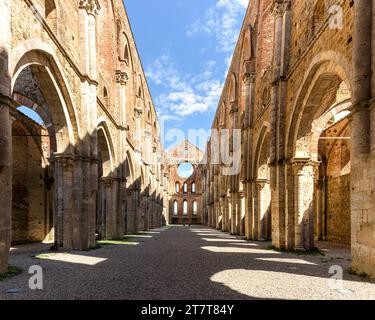 Prospettiva della navata centrale nella chiesa abbandonata dell'Abbazia di San Galgano, un monastero medievale abbandonato nel villaggio di Chiusdino, Toscana, Italia Foto Stock
