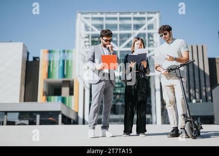 Il team aziendale adulto discute le opportunità, pianifica i costi del progetto e definisce le strategie per l'espansione aziendale di successo in una città urbana. Foto Stock