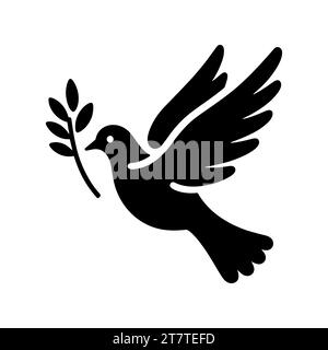 Icona dove. Silhouette nera di una colomba in volo che trasporta un ramo d'oliva su sfondo bianco. Simbolo di pace. Icona religiosa. Illustrazione vettoriale. Illustrazione Vettoriale