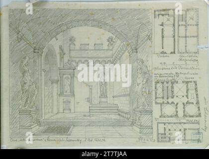 Alfred Castelliz (Zeichner in) Roma, Casa della Fornarina, cortile, prospettiva, planimetria, altre 2 case romane, piano terra. Aquafix; disegno a matita 1932 , 1932 Foto Stock