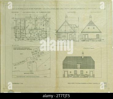 Alfred Castelliz Rehberg, portiere e stabile per Georg Grabner, piano di presentazione, planimetria, taglio, viste e piano di situazione. Carta trasparente; disegno a penna (nero), lettere a matita 1911 , 1911 Foto Stock