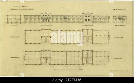 Gebrüder Anton und Josef Drexler (Entwerfer in) Vienna, Krieau, trotto racing system, stabile, planimetria, vista, taglio. Disegno a matita e disegno a colori; carta 1899-1905 , 1899/1905 Foto Stock