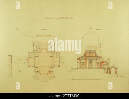 Gebrüder Anton und Josef Drexler (Entwerfer in) Vienna, Krieau, trotto racing system, progetto competitivo "dall'inizio al traguardo", padiglione del tribunale, planimetria e taglio. Disegno a matita; carta, fine; 1898 , 1898 Foto Stock