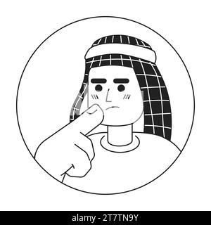 Keffiyeh arab man che tocca il mento illustrazione dell'avatar vettoriale 2D in bianco e nero Illustrazione Vettoriale