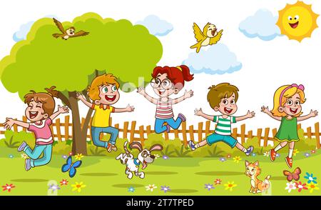 Bambini di gruppo che giocano, trascorrono del tempo nei giochi, si divertono, si ingannano. Attività estive. Bambini nel parco, campo estivo. Insegnante, libro di lettura della mamma. Illustrazione Vettoriale