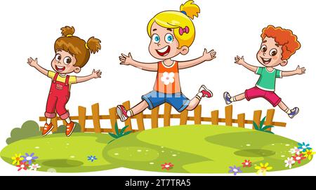 Bambini di gruppo che giocano, trascorrono del tempo nei giochi, si divertono, si ingannano. Attività estive. Bambini nel parco, campo estivo. Insegnante, libro di lettura della mamma. Illustrazione Vettoriale