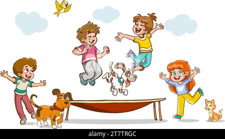 Bambini di gruppo che giocano, trascorrono del tempo nei giochi, si divertono, si ingannano. Attività estive. Bambini nel parco, campo estivo. Insegnante, libro di lettura della mamma. Illustrazione Vettoriale