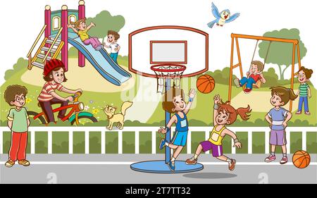 Bambini di gruppo che giocano, trascorrono del tempo nei giochi, si divertono, si ingannano. Attività estive. Bambini nel parco, campo estivo. Insegnante, libro di lettura della mamma. Illustrazione Vettoriale