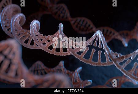 Fili a spirale di DNA su sfondo scuro. Illustrazione 3D Foto Stock