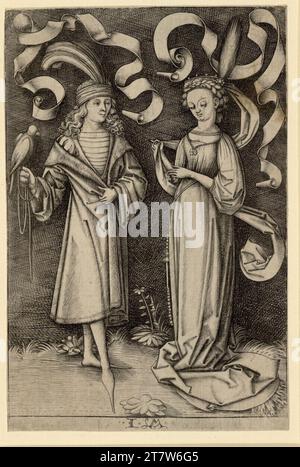 Israhel van Meckenem il giovane con il falco e la nobile donna. Stampa con incisione in rame letztes Drittel des 15. Centurys Foto Stock