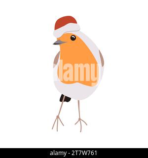 Grazioso uccello robin con cappello da aiutante di Babbo Natale rosso. Illustrazione vettoriale isolata del cartone animato. Illustrazione Vettoriale