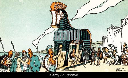 I Troiani trovano il cavallo lasciato dagli Achei. Di Donn Philip Crane (1878-1944). Il cavallo di Troia era un cavallo di legno che si dice fosse stato usato dai greci durante la guerra di Troia per entrare nella città di Troia e vincere la guerra. Foto Stock