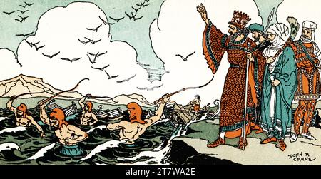 Serse i (c518-465 a.C.), ordina all'Ellesponto di essere frustato trecento volte. Di Donn Philip Crane (1878-1944). Secondo lo storico greco Erodoto, il primo tentativo di Serse di superare l'Ellesponto, come parte della sua invasione della terraferma greca, si concluse con un fallimento quando una tempesta distrusse i cavi di lino e papiro dei ponti. Per rappresaglia, Serse ordinò all'Ellesponto di frustare trecento volte, e di far cadere in acqua dei cateteri. Il secondo tentativo di Serse di superare l'Ellesponto ebbe successo. Foto Stock