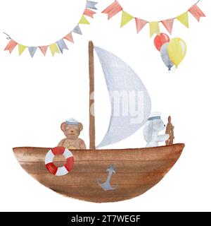 Coniglio di orsacchiotto ad acquerello in una scheda di barca isolata su bianco Foto Stock