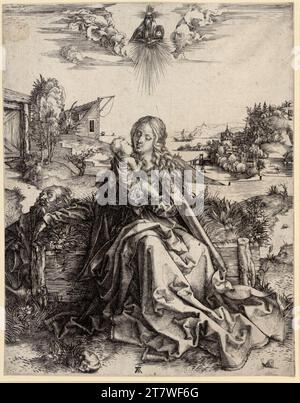 Albrecht Dürer la Santa famiglia con la libellula. Incisione del rame; la foglia viene ridotta fino alla presentazione intorno al 1495 Foto Stock