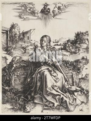 Albrecht Dürer la Santa famiglia con la libellula. Incisione del rame; la foglia viene ridotta fino alla presentazione intorno al 1495 Foto Stock