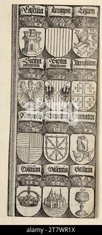 Albrecht Dürer (laboratorio) stemma del patrimonio spagnolo (porta onoraria dell'imperatore Massimiliano i, portale Mittel, A 2,58-69). Woodcut 1515 , 1515 Foto Stock