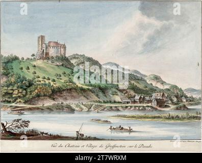 Castello Johann Mansfeld e città di Greifenstein sul Danubio. Incisione, colorata intorno al 1800 Foto Stock