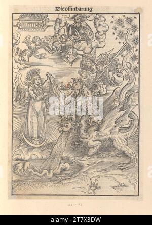 Lucas Cranach d. Ä. Nuovo Testamento (Bibbia di Lutero): La donna apocalittica e il drago (Apocalisse di Giovanni 12, 1-5). Taglio del legno e stampa tipo 1522 , 1522 Foto Stock