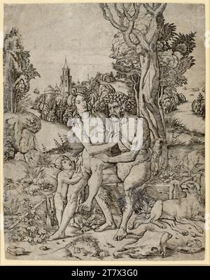 Famiglia Meister IB mit dem Vogel Fauns. Stampa con incisione in rame 1. Drittel 16. Secolo Foto Stock