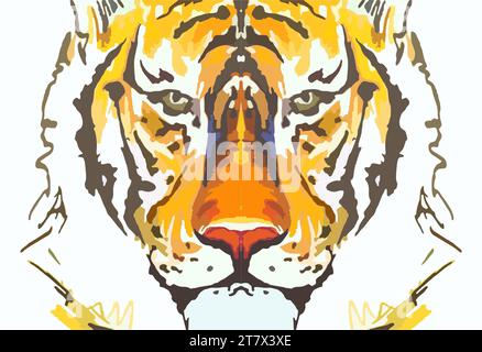 Testa tigre macro per poster o stampe su magliette. Testa di tigre grunge in tonalità arancione per tessuti, tendenze della moda, soluzioni per interni, tessuti Foto Stock