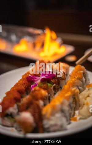 il fuoco del cibo del ristorante di lusso brucia intorno al sushi cotto avvolto che brucia in un foglio e un piatto di sushi crudo guarnito e servito Foto Stock