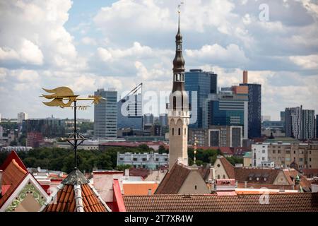 Vista spettacolare da un punto panoramico nel centro di Tallinn verso la parte vecchia, piena di vecchi edifici storici e la parte nuova e moderna della città, l'Estonia Foto Stock