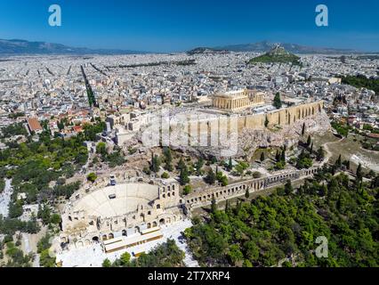 Acropoli e Odeon di Erode Attico, vista aerea, Atene, Grecia, Europa Foto Stock