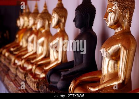 Fila di statue dorate di Buddha, gesto di testimonianza della terra, Wat Pho (Tempio del Buddha sdraiato), Bangkok, Thailandia, Sud-Est asiatico, Asia Foto Stock